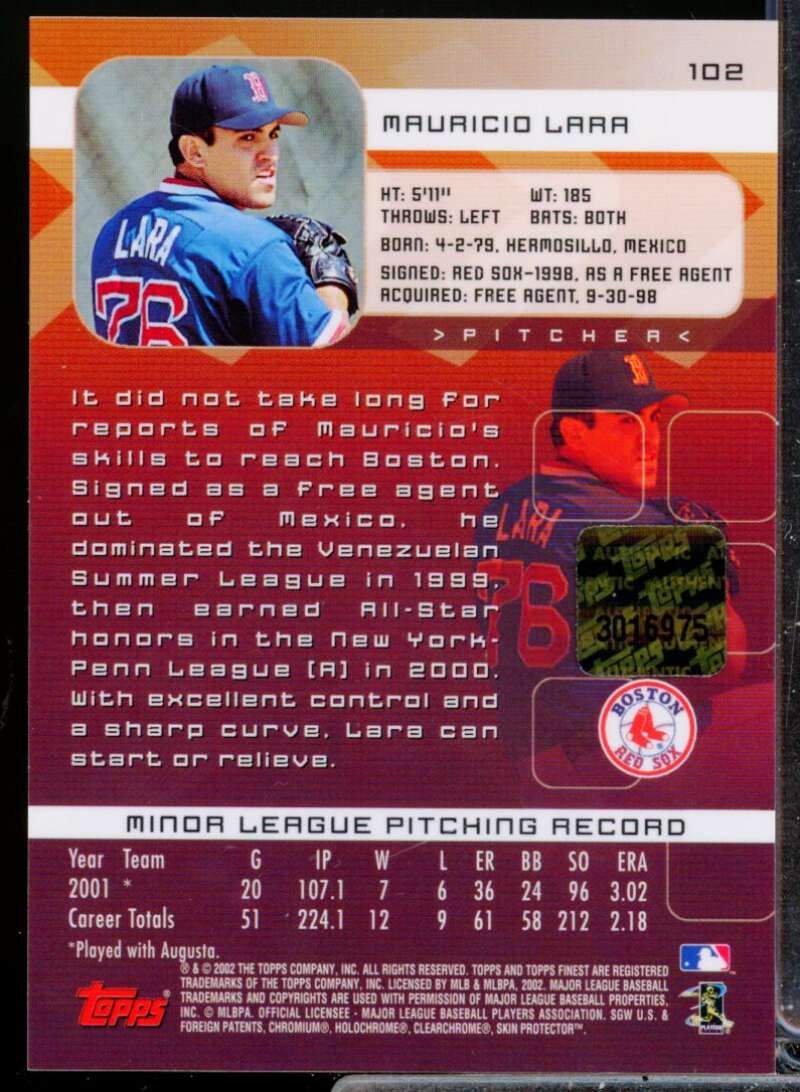 Mauricio Lara RC Card 2002 Finest First Year Rookie Autograph #102  Image 2