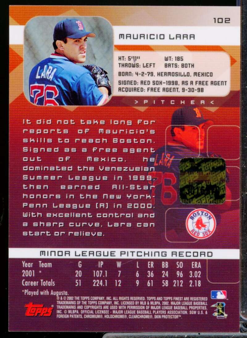 Mauricio Lara RC Card 2002 Finest First Year Rookie Autograph #102  Image 2