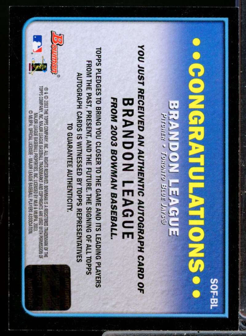 Brandon League Card 2003 Bowman Signs of the Future Autograph #BL  Image 2