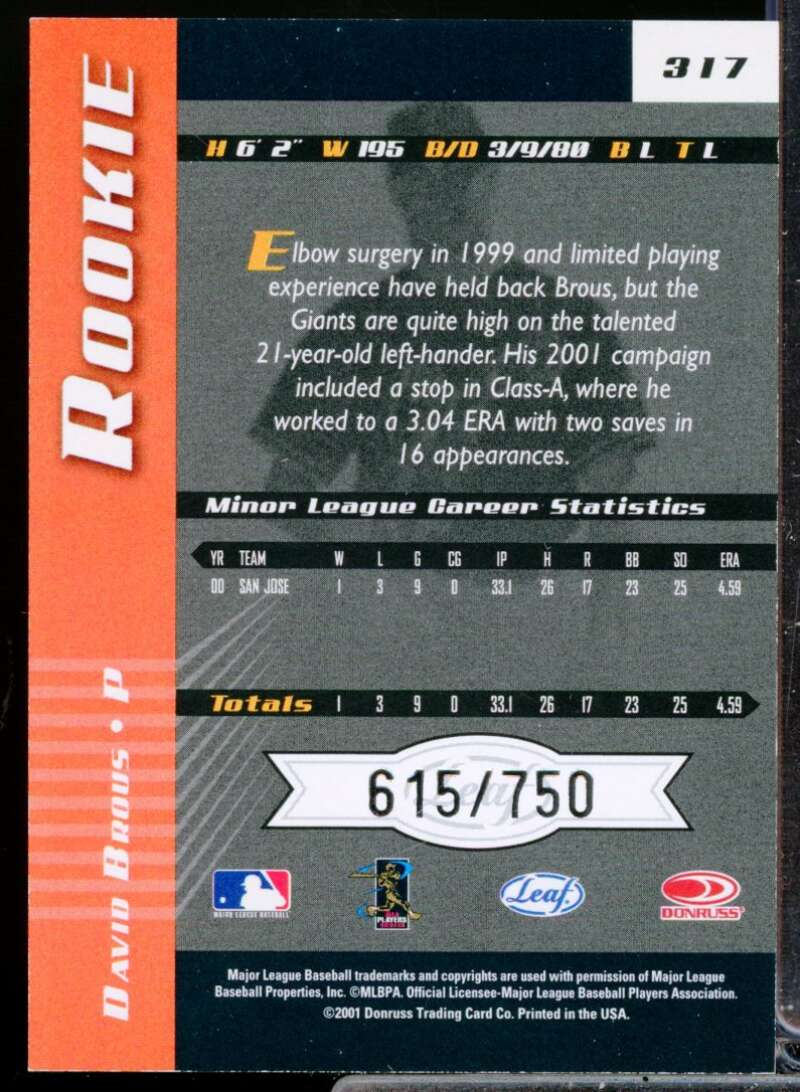 David Brous /750 RC Card 2001 Leaf Limited Rookie Autograph #317  Image 2