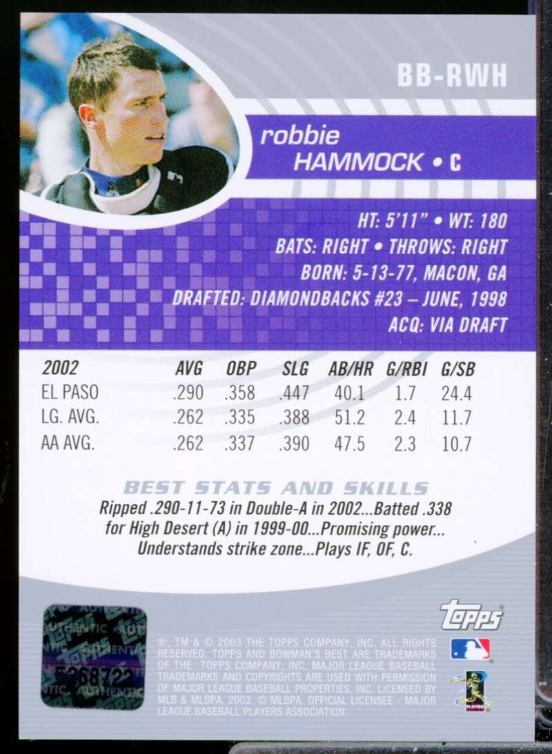Robbie Hammock RC Card 2003 Bowman's Best First Year Rookie Autograph #RWH  Image 2