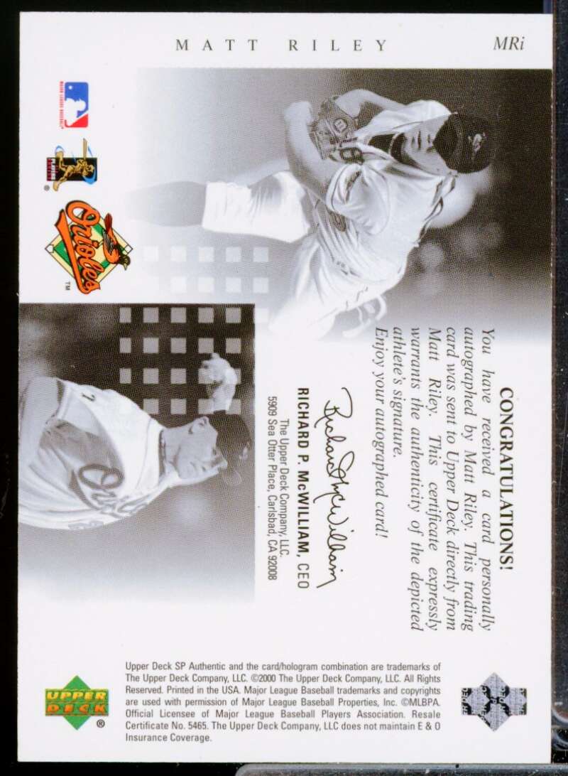 Matt Riley Card 2000 SP Authentic Chirography Autograph #MRI  Image 2