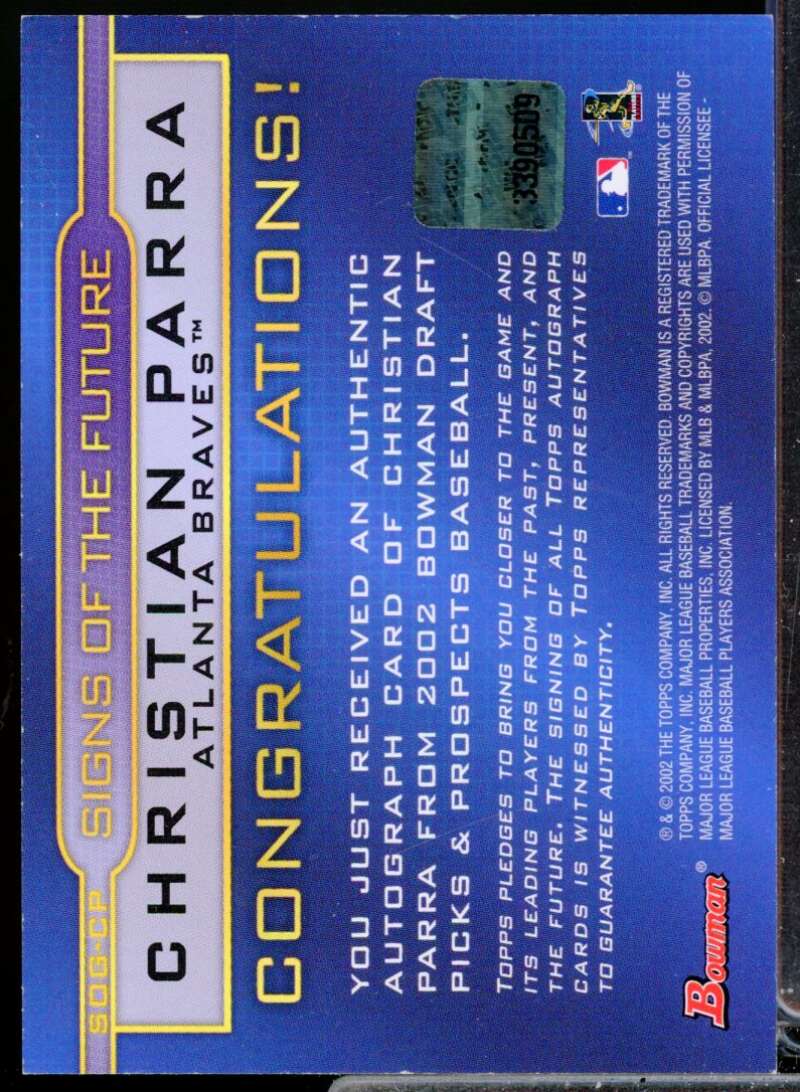Christian Parra Card 2002 Bowman Draft Signs of the Future Autograph #CP  Image 2
