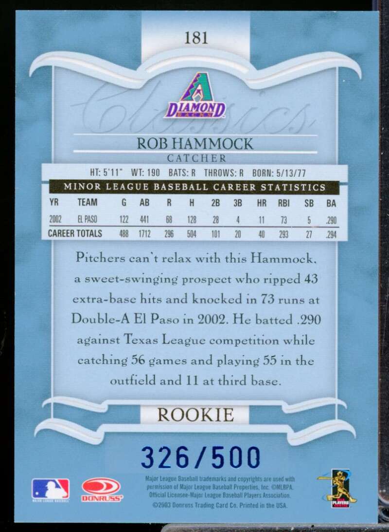 Rob Hammock 2003 Donruss Classics Significant Signatures Rookie Autograph #181  Image 2