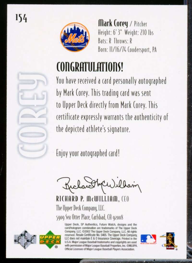 Mark Corey RC Card 2002 SP Authentic Rookie Autograph Future Watch #154  Image 2