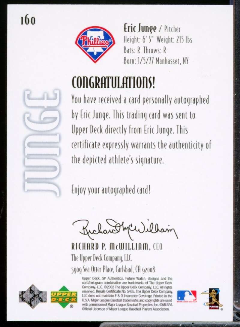 Eric Junge RC Card 2002 SP Authentic Rookie Autograph Future Watch #160  Image 2