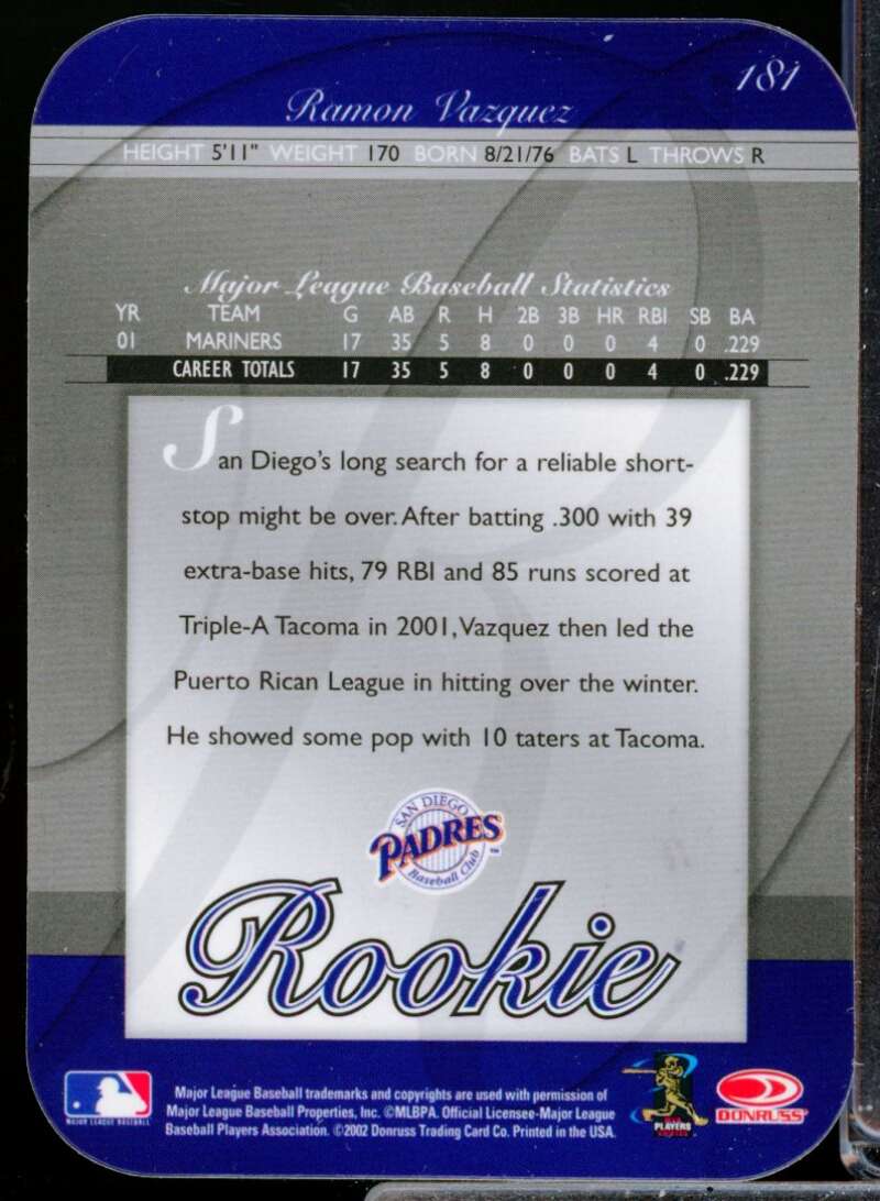 Ramon Vazquez /1500 2002 Donruss Elite Turn of the Century Rookie Auto #181  Image 2