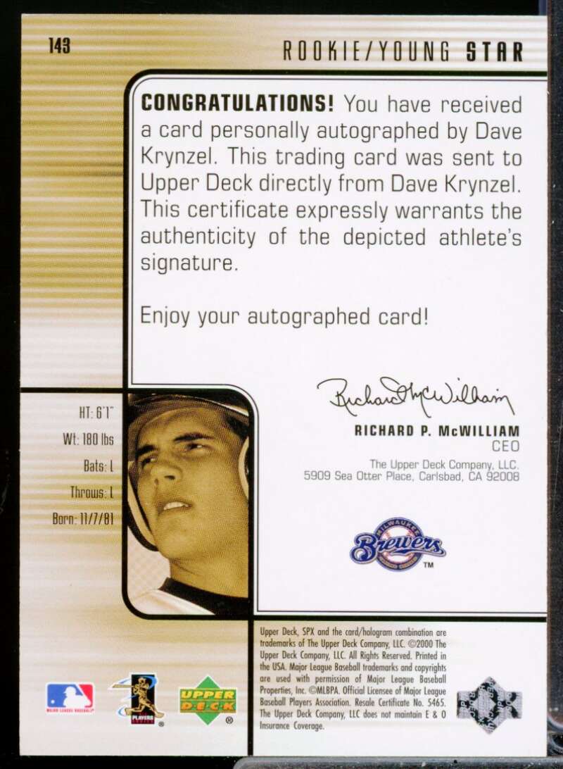 Dave Krynzel /1500 RC Card 2000 SPx Rookie Autograph #143  Image 2