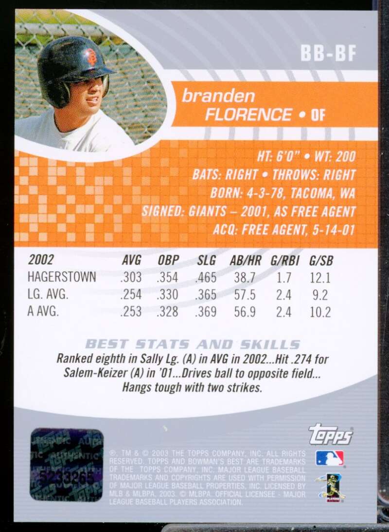 Branden Florence RC Card 2003 Bowman's Best First Year Rookie Autograph #BFL  Image 2