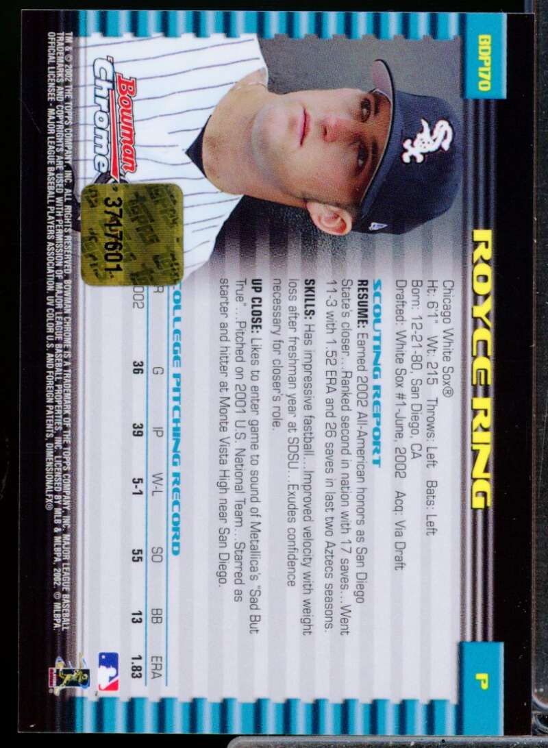 Royce Ring RC Card 2002 Bowman Chrome Draft Rookie Autograph #170  Image 2