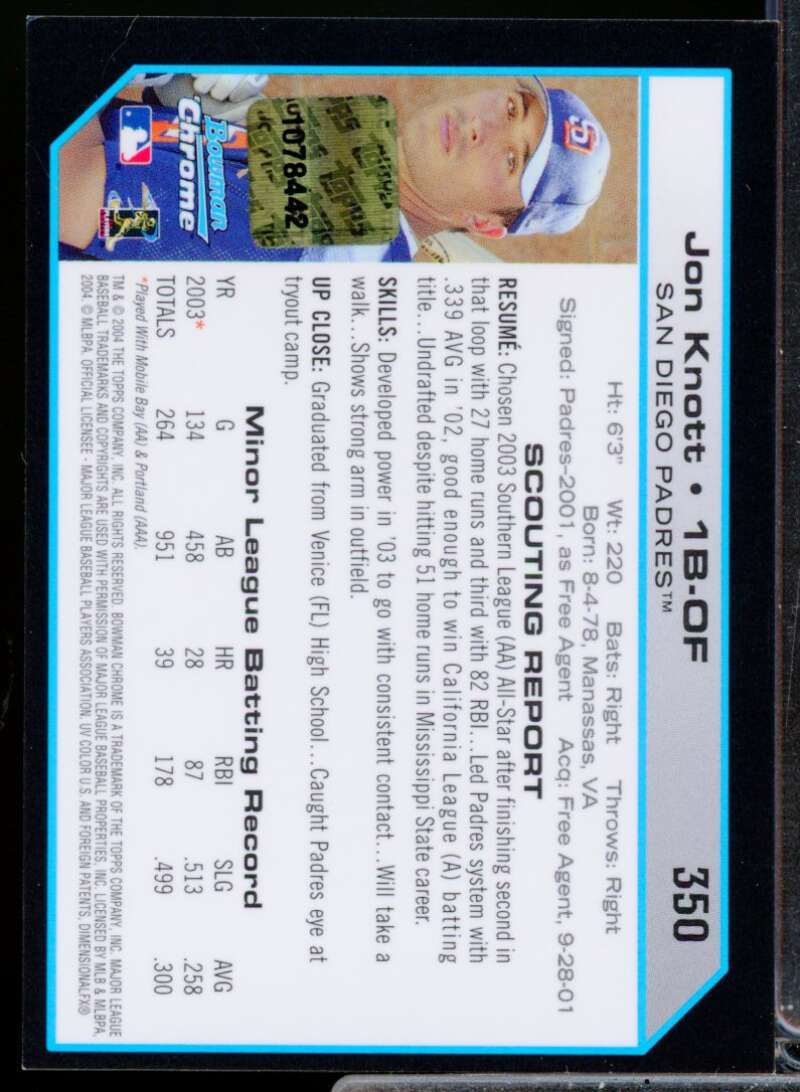 Jon Knott RC Card 2004 Bowman Chrome Rookie Autograph #350  Image 2