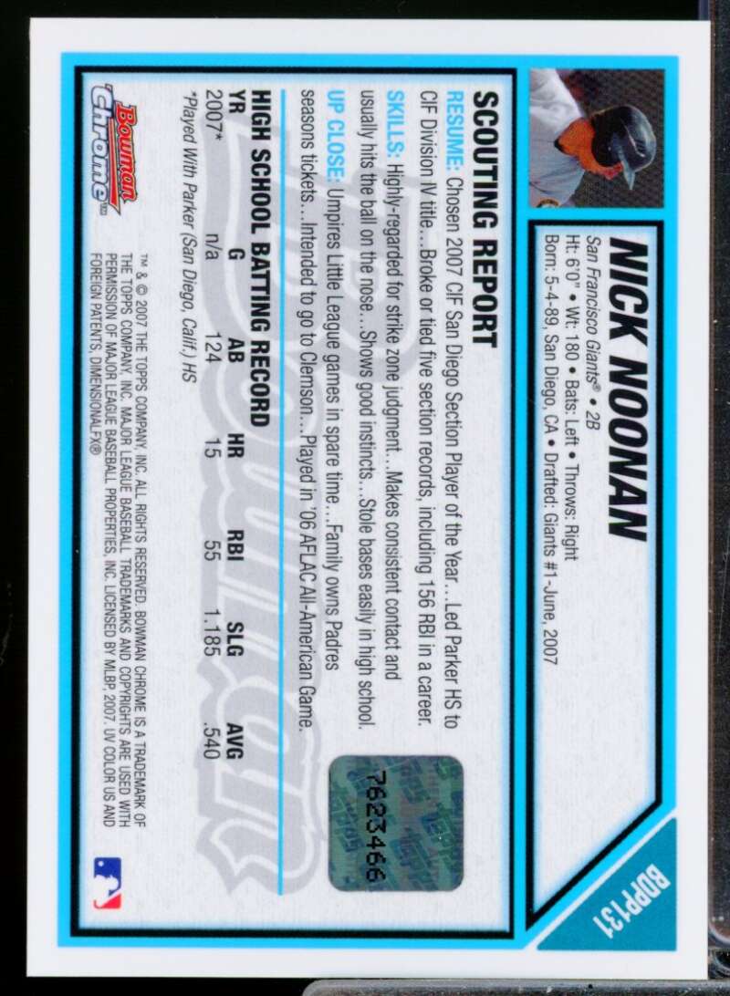 Nick Noonan Card 2007 Bowman Chrome Draft Draft Picks Autograph #BDPP131  Image 2