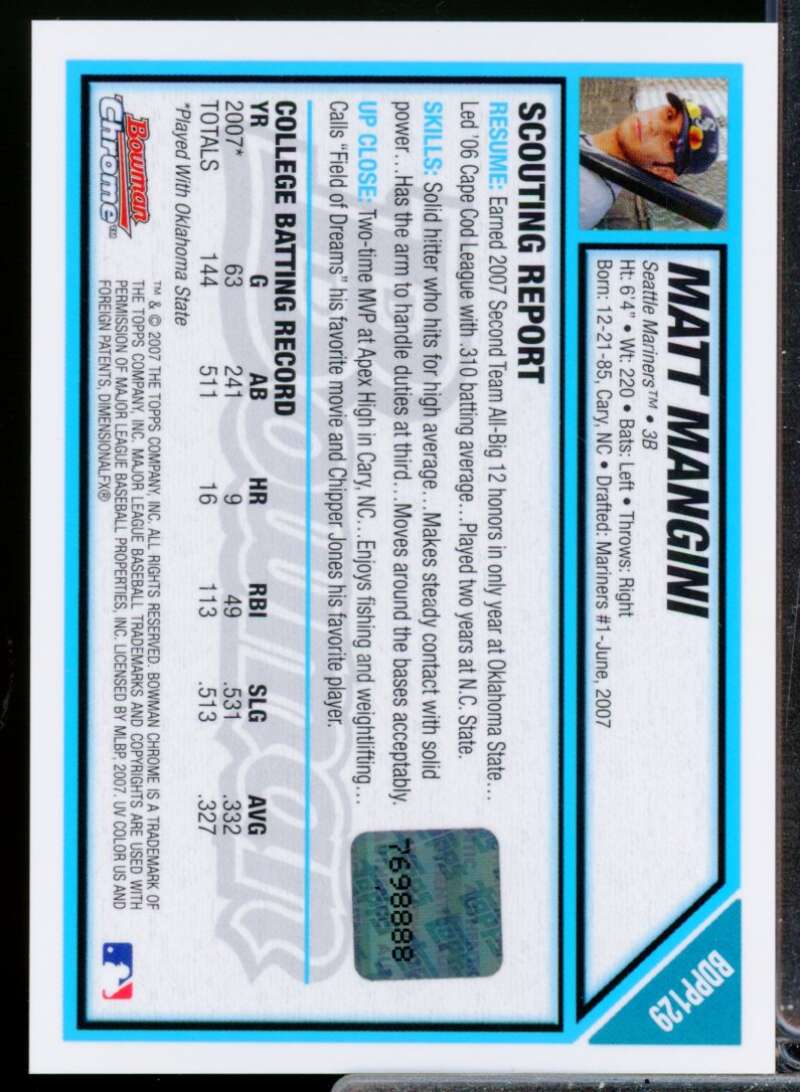 Matt Mangini Card 2007 Bowman Chrome Draft Draft Picks Autograph #BDPP129  Image 2