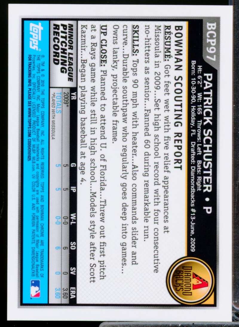Patrick Schuster Card 2010 Bowman Chrome Prospects Autograph #BCP97B  Image 2