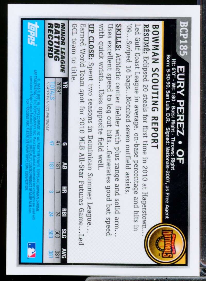 Eury Perez Card 2010 Bowman Chrome Prospects Autograph #BCP185B  Image 2