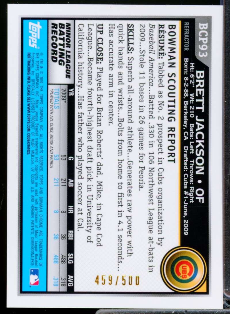 Brett Jackson Card 2010 Bowman Chrome Prospects Autograph Refractors #BCP93B  Image 2