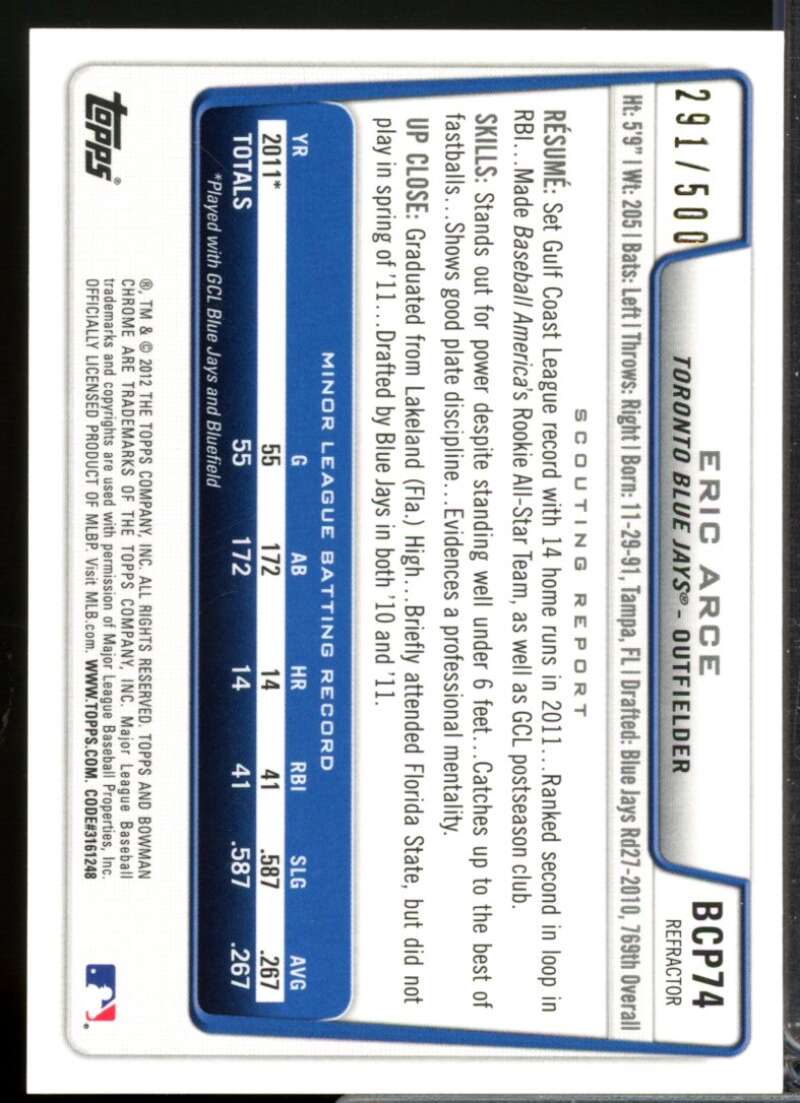 Eric Arce Card 2012 Bowman Chrome Prospect Autographs Refractors #BCP74  Image 2