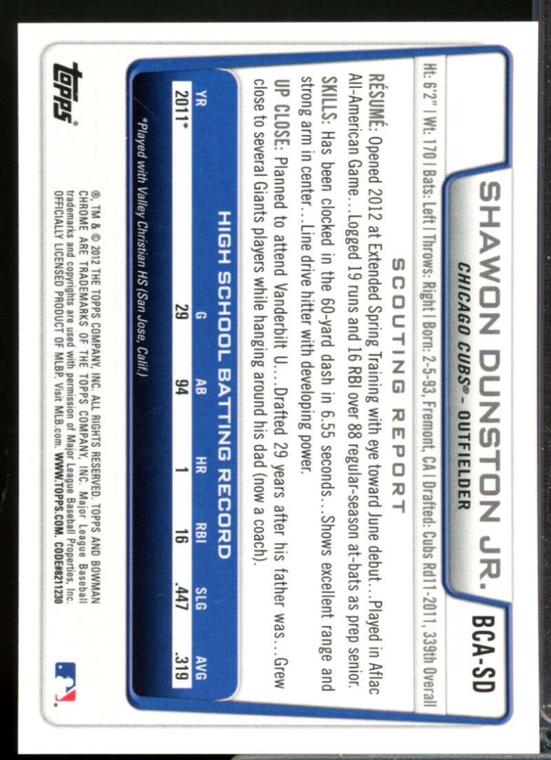 Shawon Dunston Jr. Card 2012 Bowman Chrome Prospect Autographs #SD  Image 2