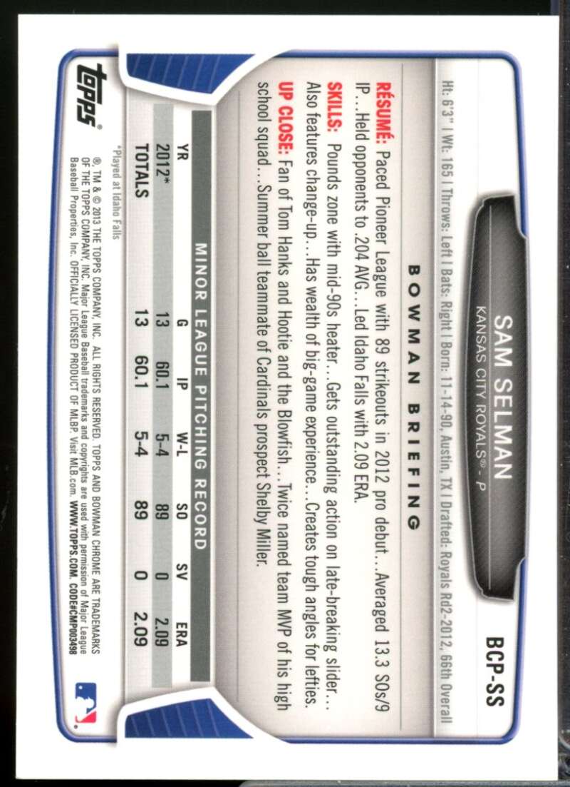 Sam Selman Card 2013 Bowman Chrome Prospect Autographs #SS  Image 2
