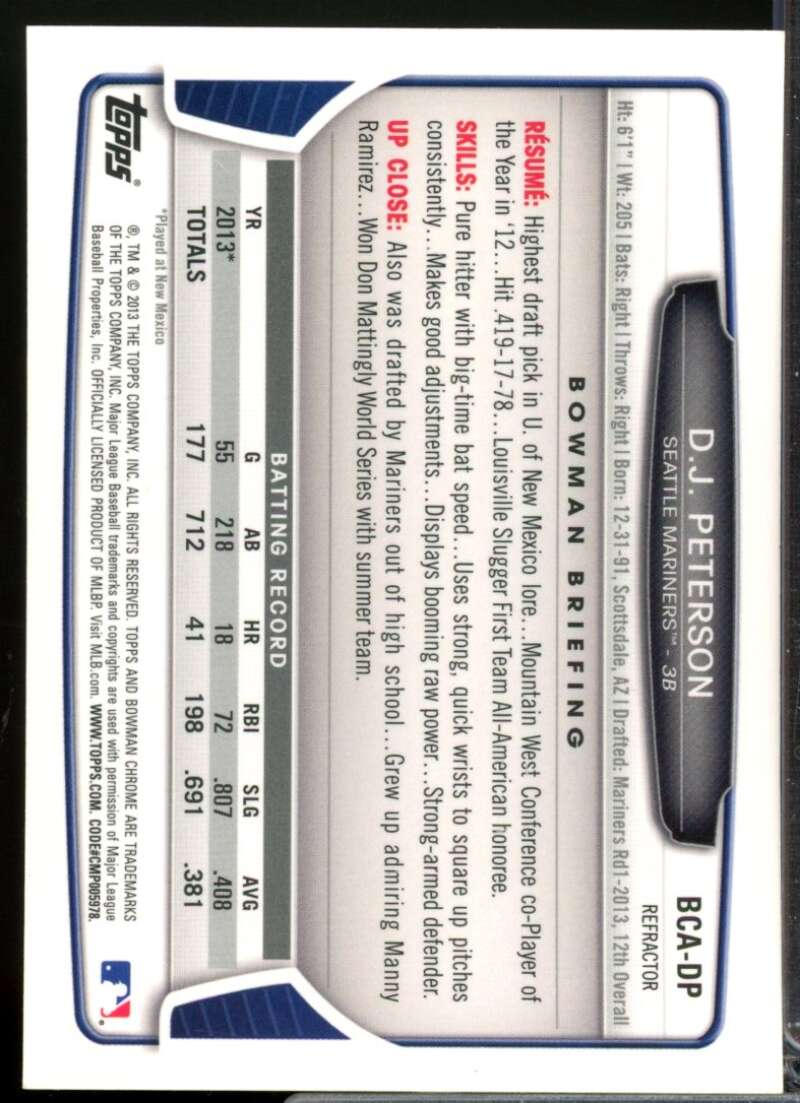 D.J. Peterson 2013 Bowman Chrome Draft Draft Pick Autographs Refractors #DP  Image 2
