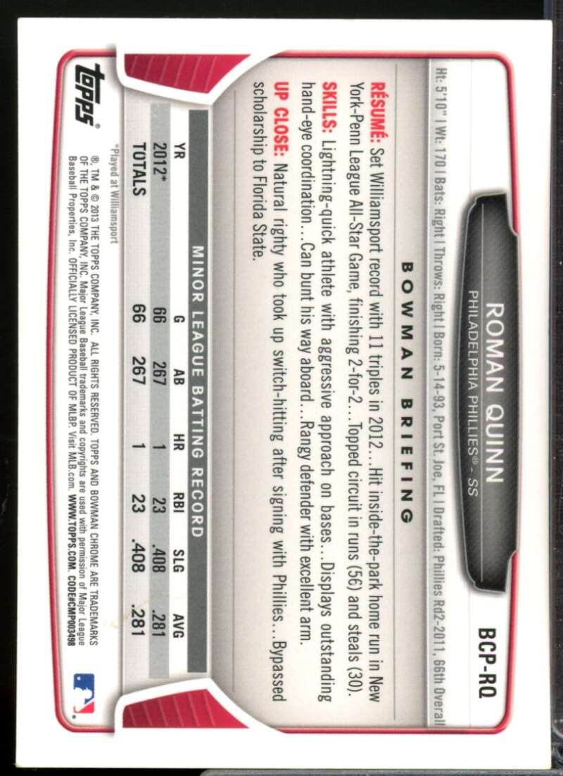 Roman Quinn Card 2013 Bowman Chrome Prospect Autographs #RQ  Image 2