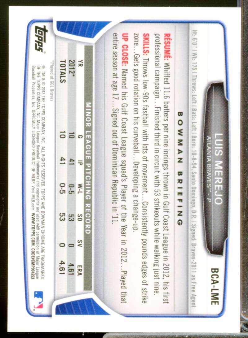 Luis Merejo Card 2013 Bowman Chrome Prospect Autographs #LME  Image 2