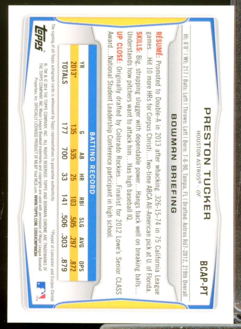 Preston Tucker Card 2014 Bowman Chrome Prospect Autographs #BCAPPT  Image 2