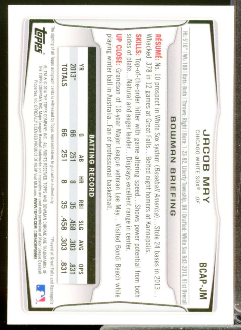 Jacob May Card 2014 Bowman Chrome Prospect Autographs #BCAPJM  Image 2