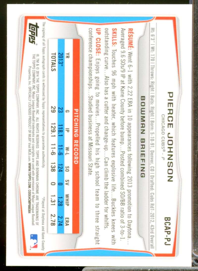 Pierce Johnson Card 2014 Bowman Chrome Prospect Autographs #BCAPPJ  Image 2