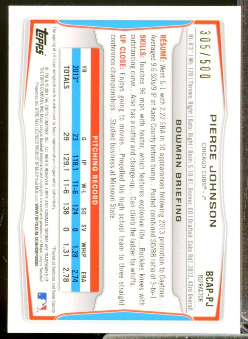 Pierce Johnson Card 2014 Bowman Chrome Prospect Autographs Refractors #BCAPPJ  Image 2