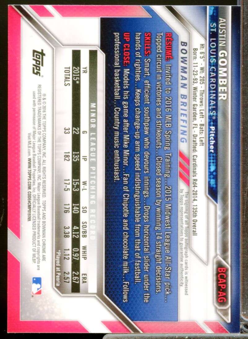 Austin Gomber Card 2016 Bowman Chrome Prospect Autographs #BCAPAG  Image 2