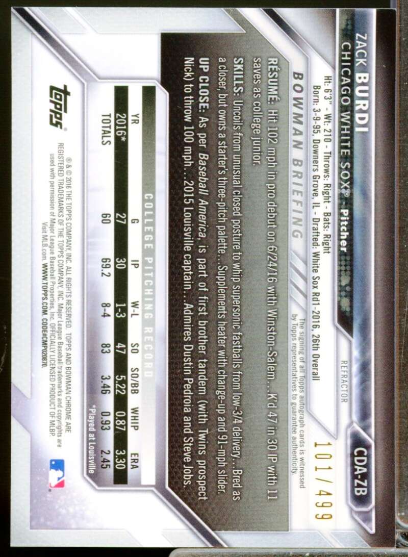 Zack Burdi 2016 Bowman Chrome Draft Draft Pick Autographs Refractors #CDAZB  Image 2