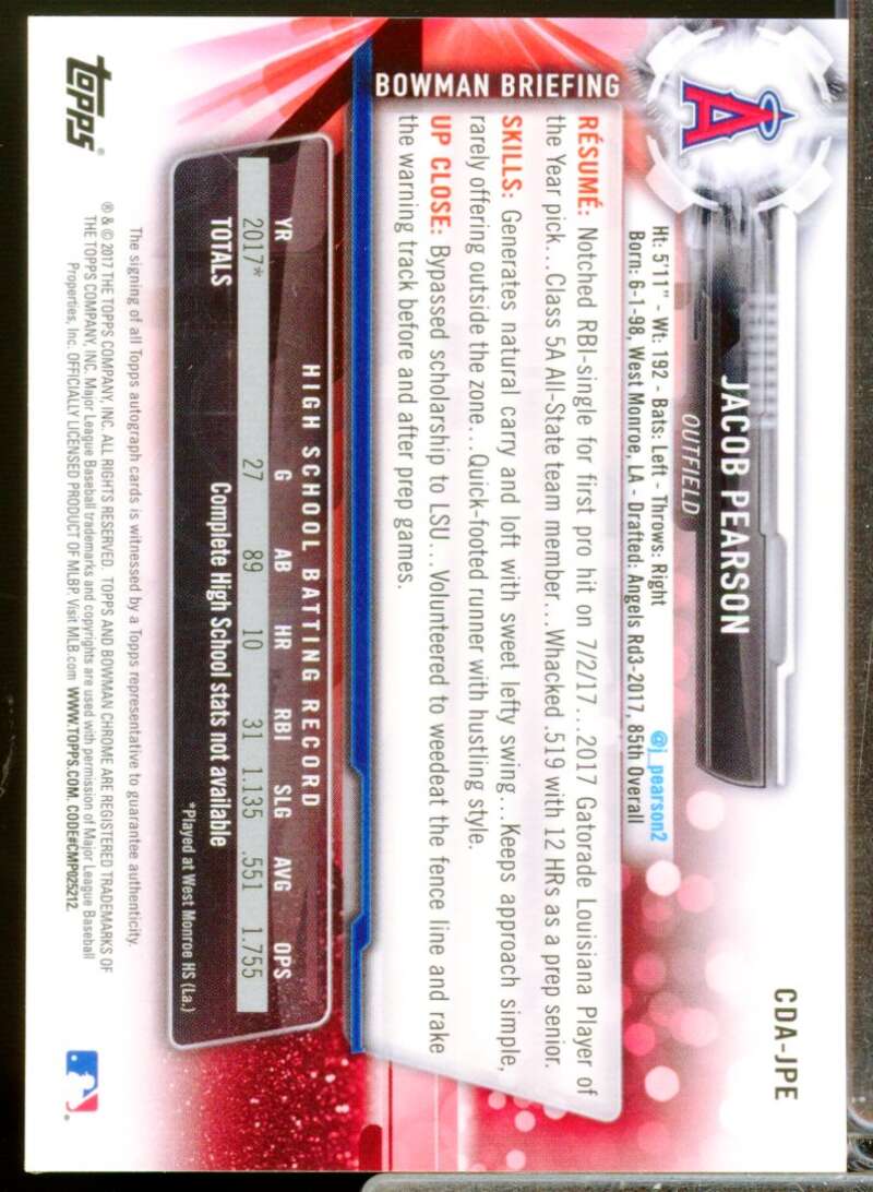 Jacob Pearson Card 2017 Bowman Chrome Draft Autographs #CDAJPE  Image 2