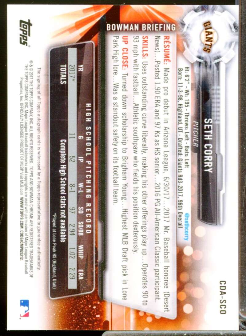 Seth Corry Card 2017 Bowman Chrome Draft Autographs #CDASCO  Image 2