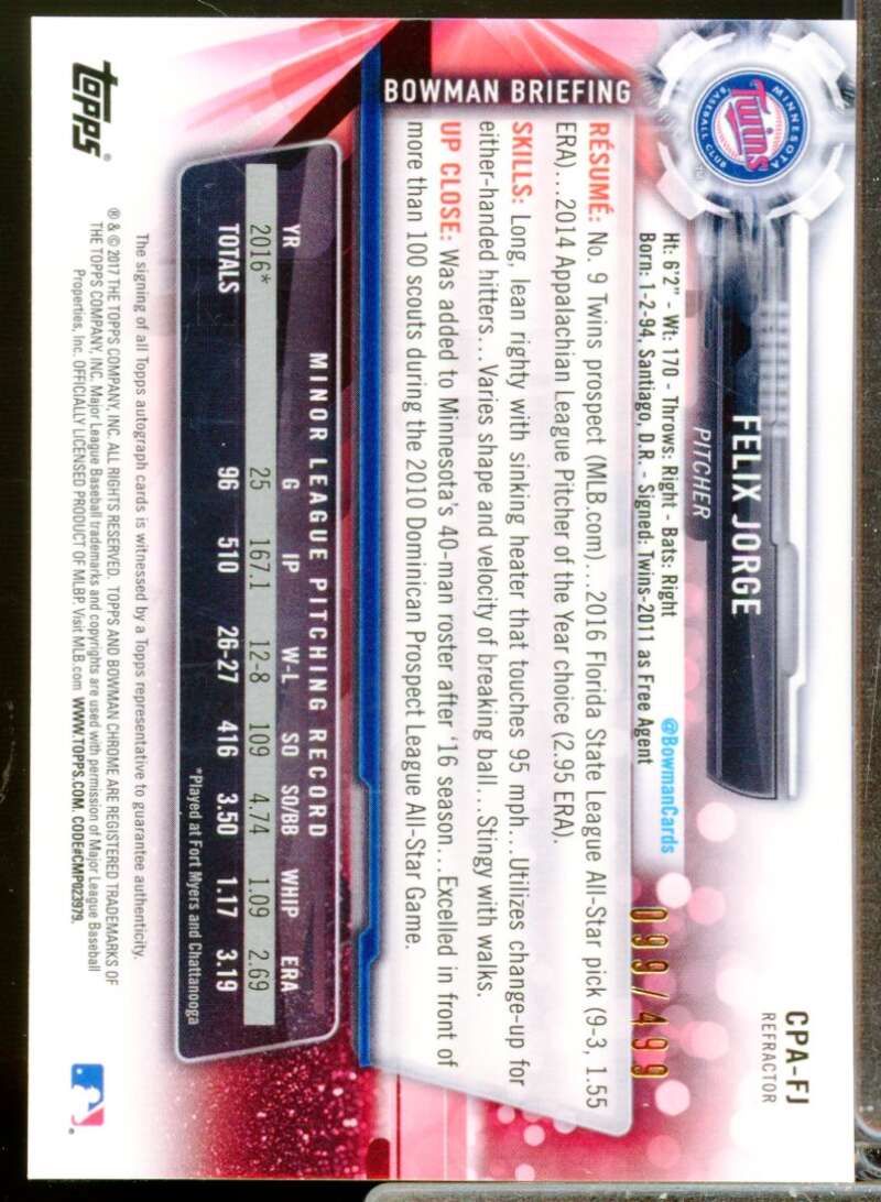 Felix Jorge Card 2017 Bowman Chrome Prospect Autographs Refractors #CPAFJ  Image 2