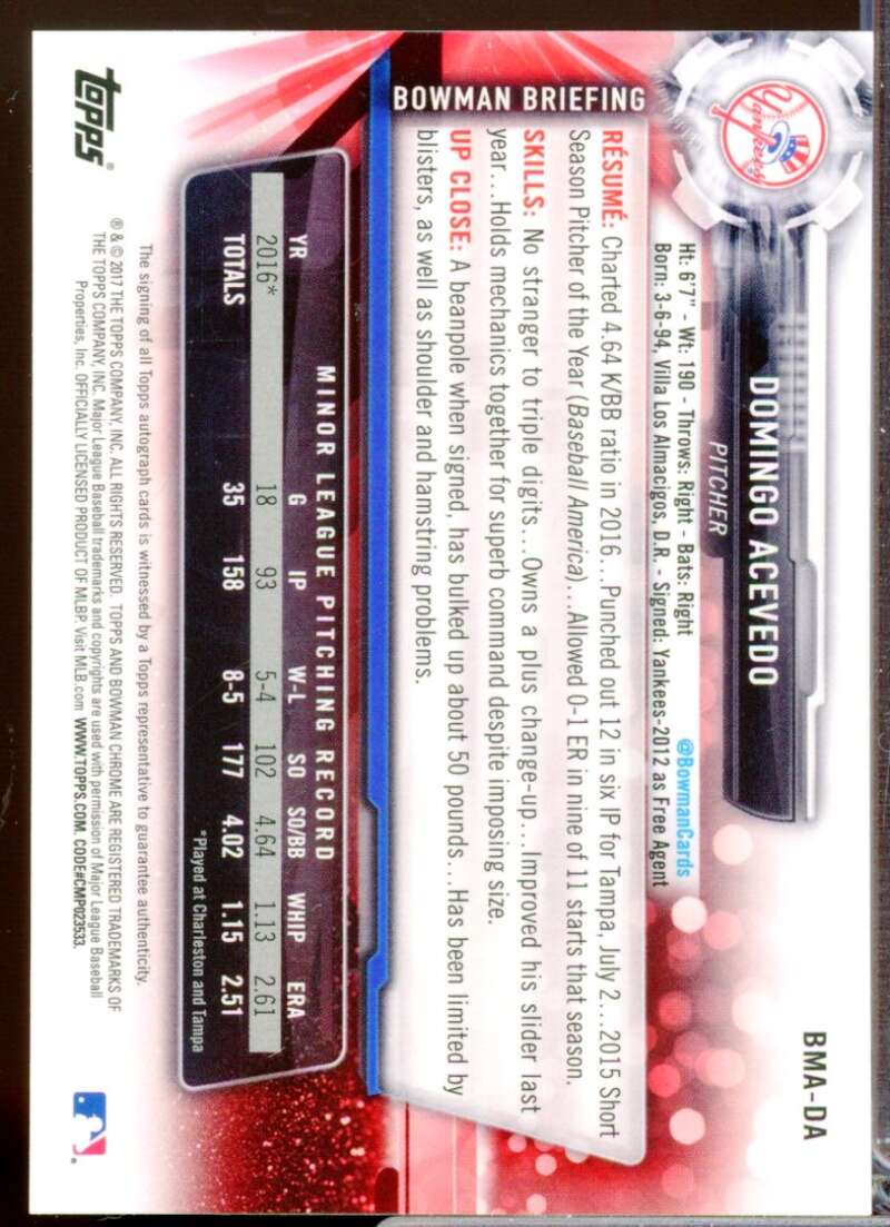 Domingo Acevedo Card 2017 Bowman Chrome Mega Box Autograph Refractors #BMADA  Image 2