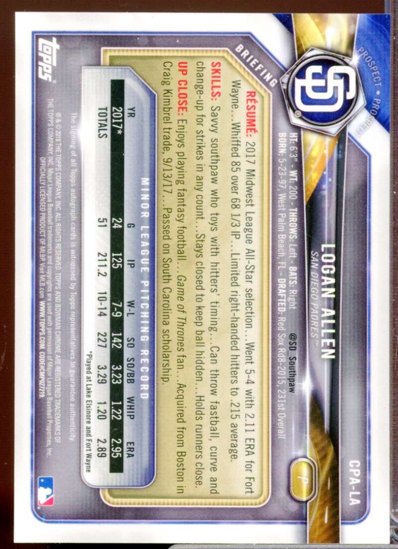 Logan Allen Card 2018 Bowman Chrome Prospect Autographs #CPALA  Image 2