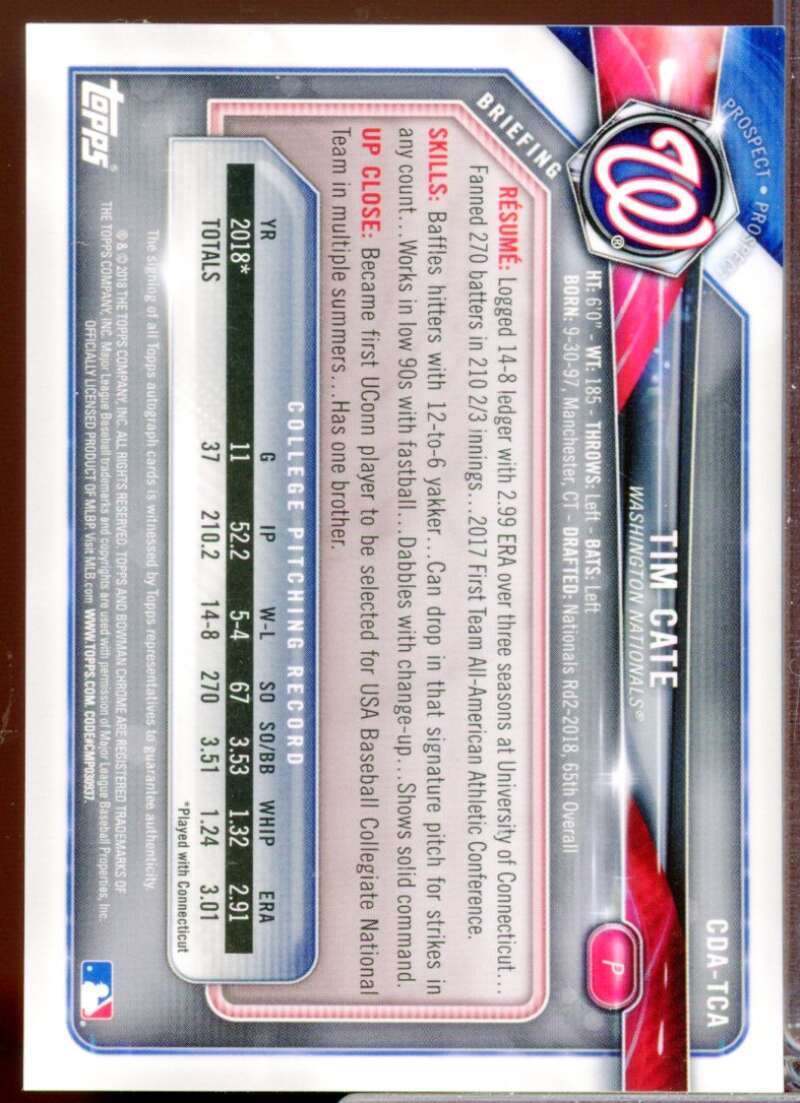 Tim Cate Card 2018 Bowman Chrome Draft Autographs #CDATCA  Image 2