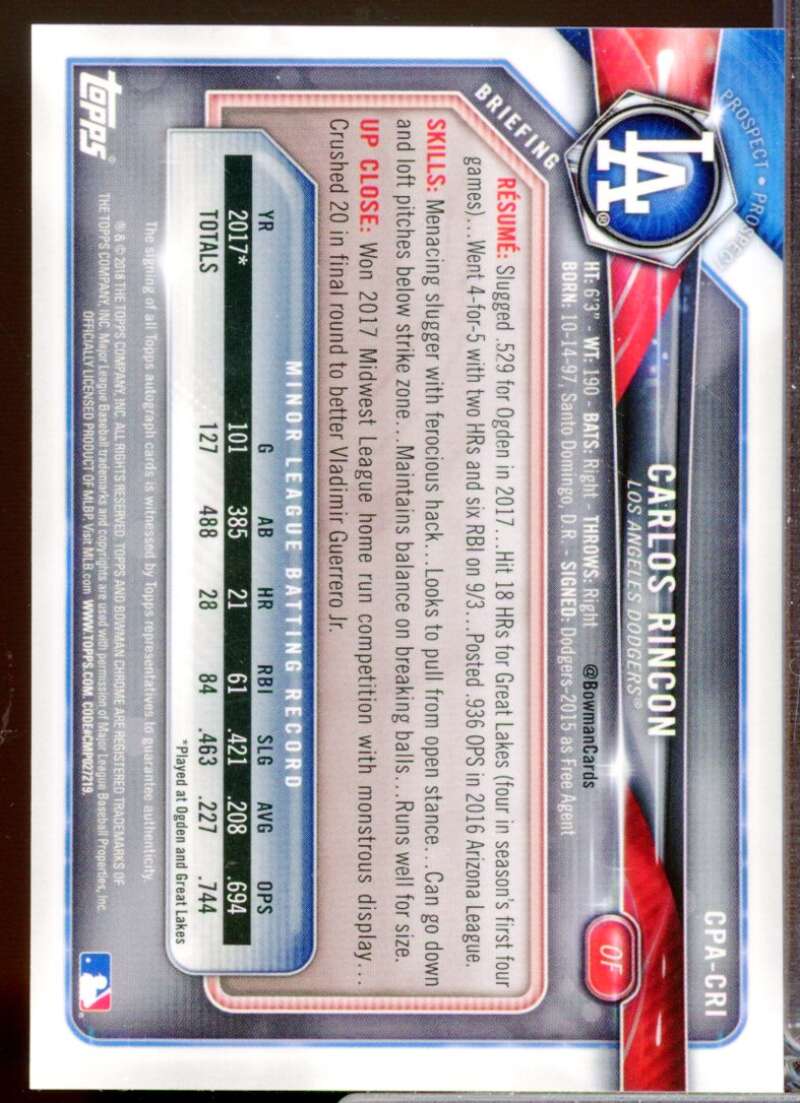 Carlos Rincon Card 2018 Bowman Chrome Prospect Autographs #CPACRI  Image 2
