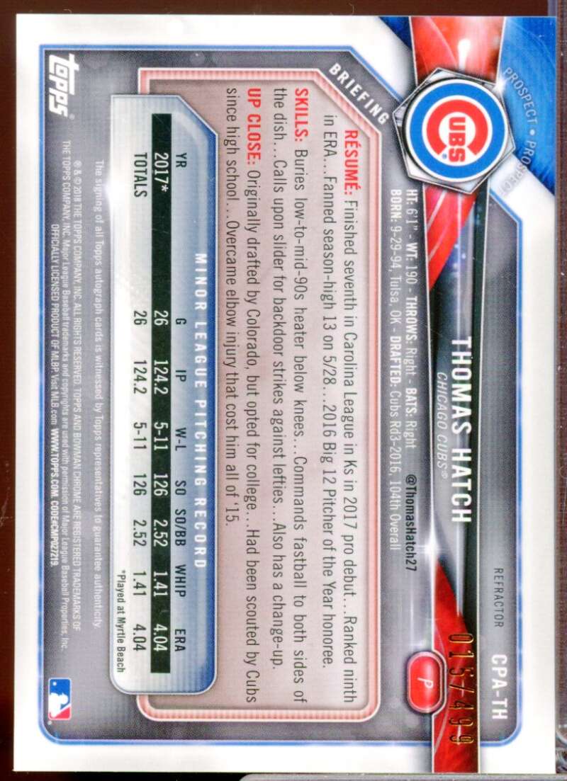 Thomas Hatch Card 2018 Bowman Chrome Prospect Autographs Refractors #CPATH  Image 2