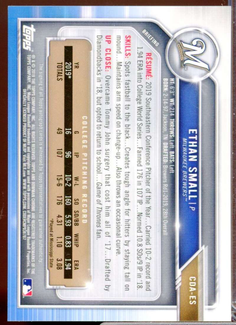 Ethan Small Card 2019 Bowman Chrome Draft Autographs #CDAES  Image 2