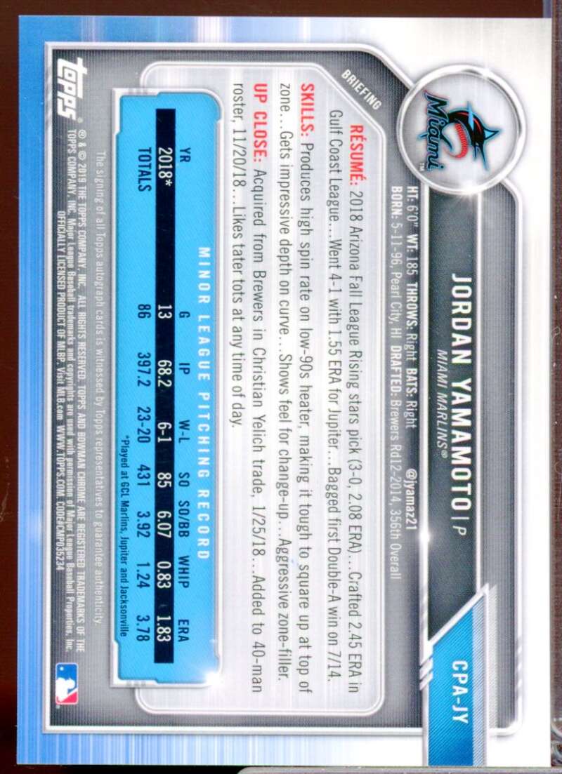 Jordan Yamamoto Card 2019 Bowman Chrome Prospect Autographs #CPAJY  Image 2