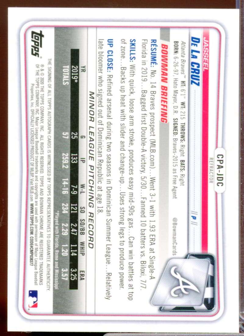 Jasseel De La Cruz 2020 Bowman Chrome Prospect Autographs Refractors #CPAJDC  Image 2