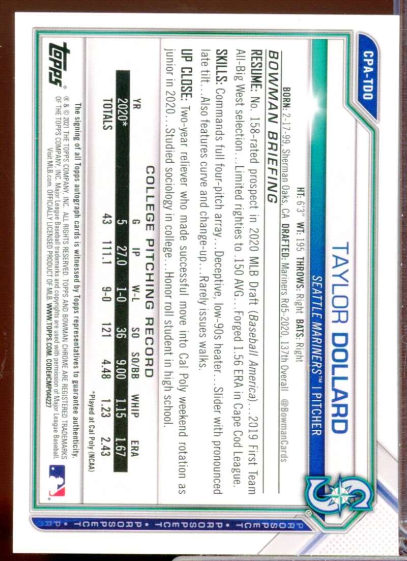 Taylor Dollard Card 2021 Bowman Chrome Prospect Autographs #CPATDO  Image 2