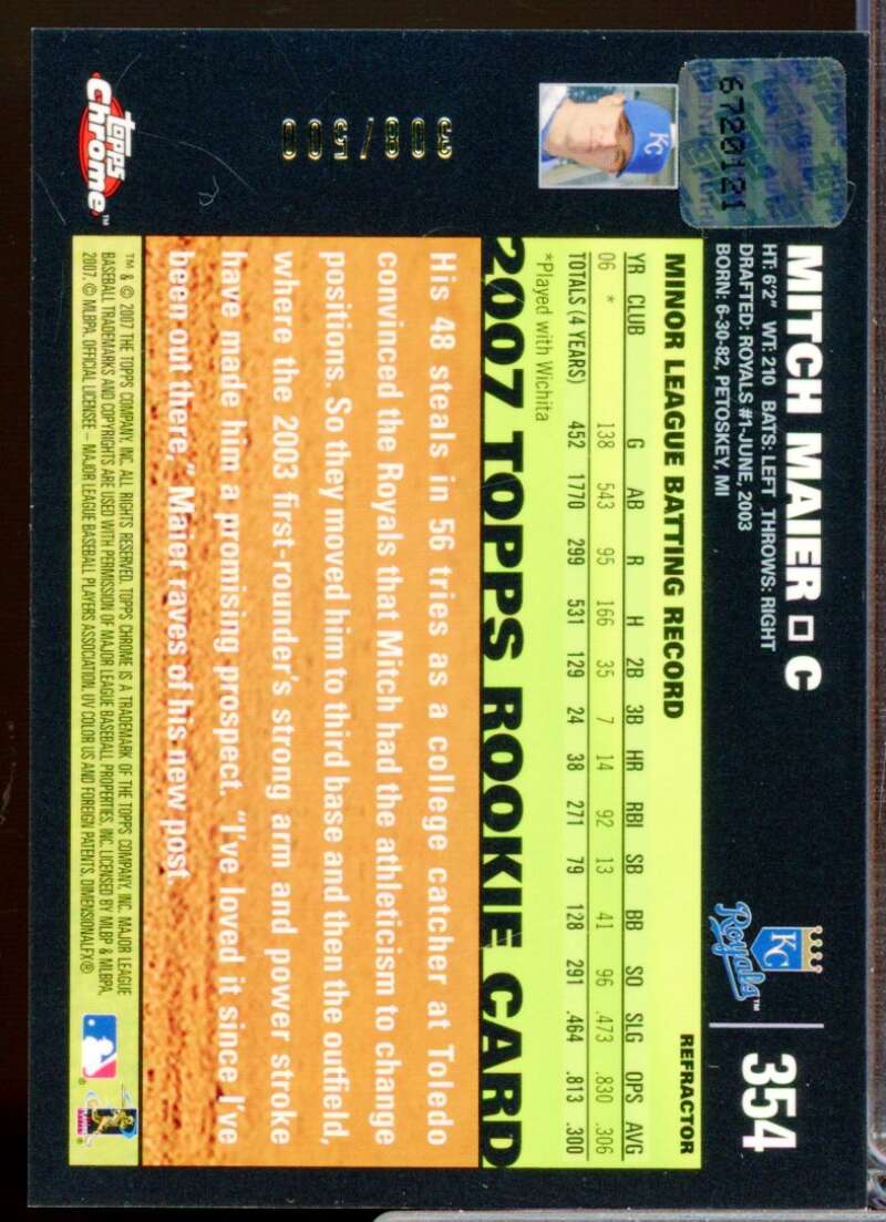 Mitch Maier Card 2007 Topps Chrome Rookie Autograph Refractors #354  Image 2