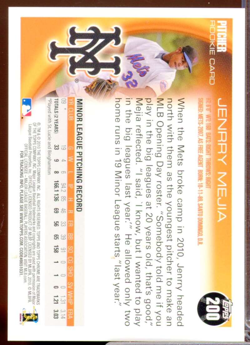 Jenrry Mejia Card 2010 Topps Chrome Rookie Autographs #200  Image 2