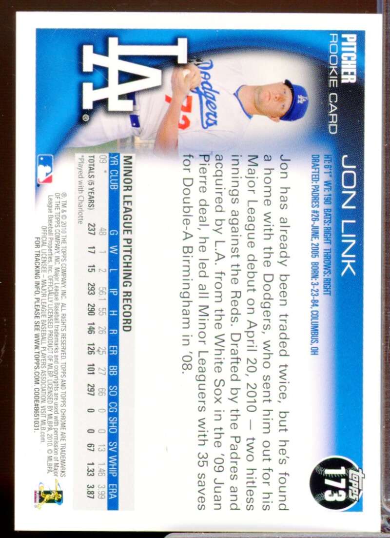 Jon Link Card 2010 Topps Chrome Rookie Autographs #173  Image 2