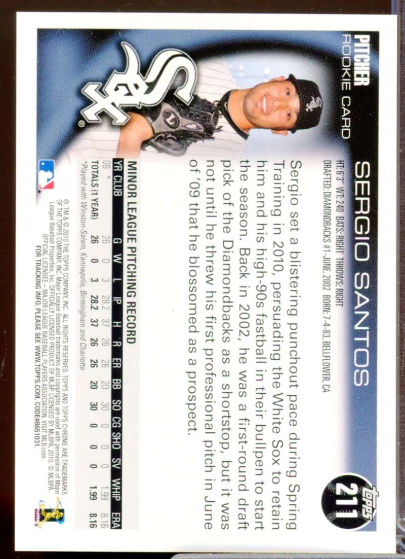 Sergio Santos Card 2010 Topps Chrome Rookie Autographs #211  Image 2