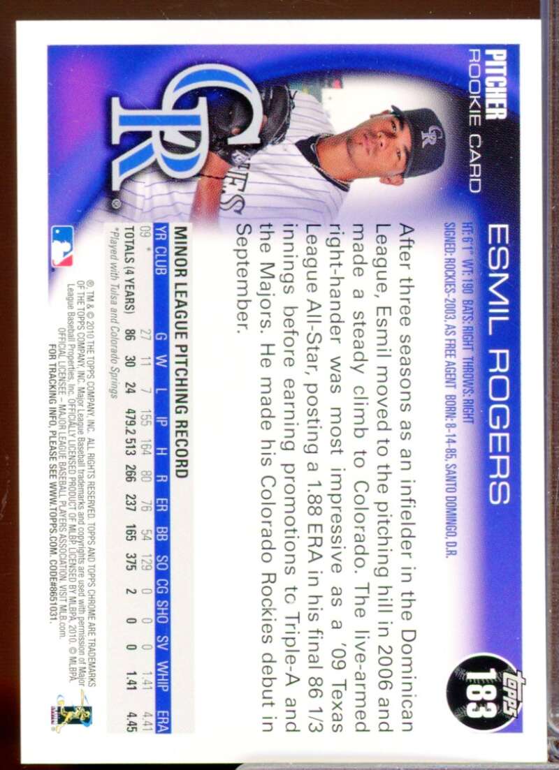 Esmil Rogers Card 2010 Topps Chrome Rookie Autographs #183  Image 2
