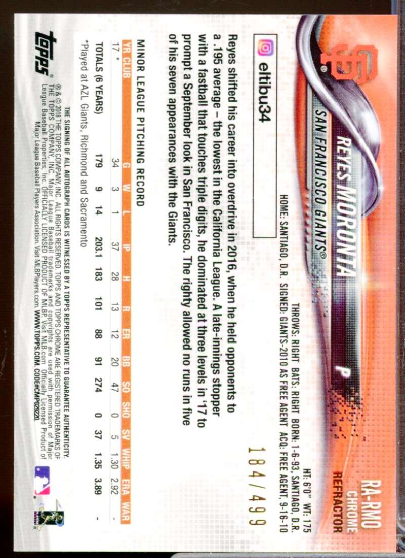 Reyes Moronta Card 2018 Topps Chrome Rookie Autographs Refractors #RARMO  Image 2